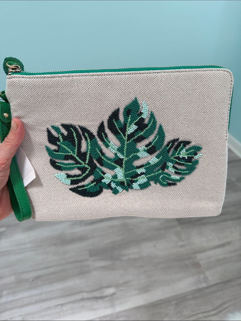 Canvas Leaf Embroidered Wristlet Pouch in Green